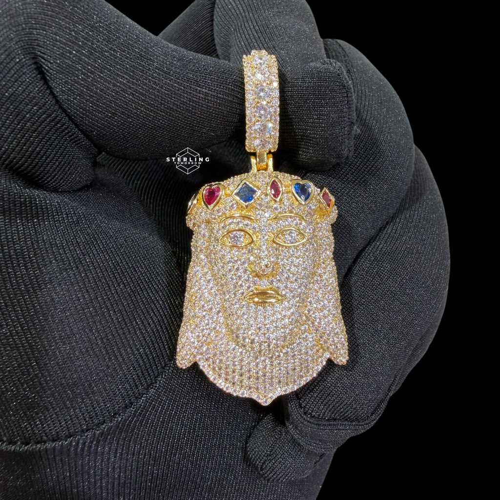 Gold Iced Out Jesus Pendant, Colorful Crown CZ Diamond Jesus Face Necklace