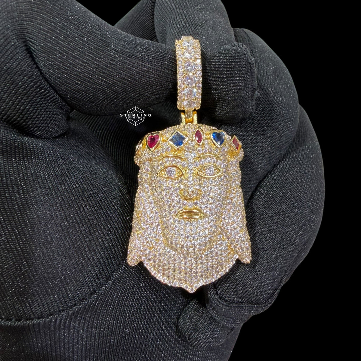 Gold Iced Out Jesus Pendant, Colorful Crown CZ Diamond Jesus Face Necklace
