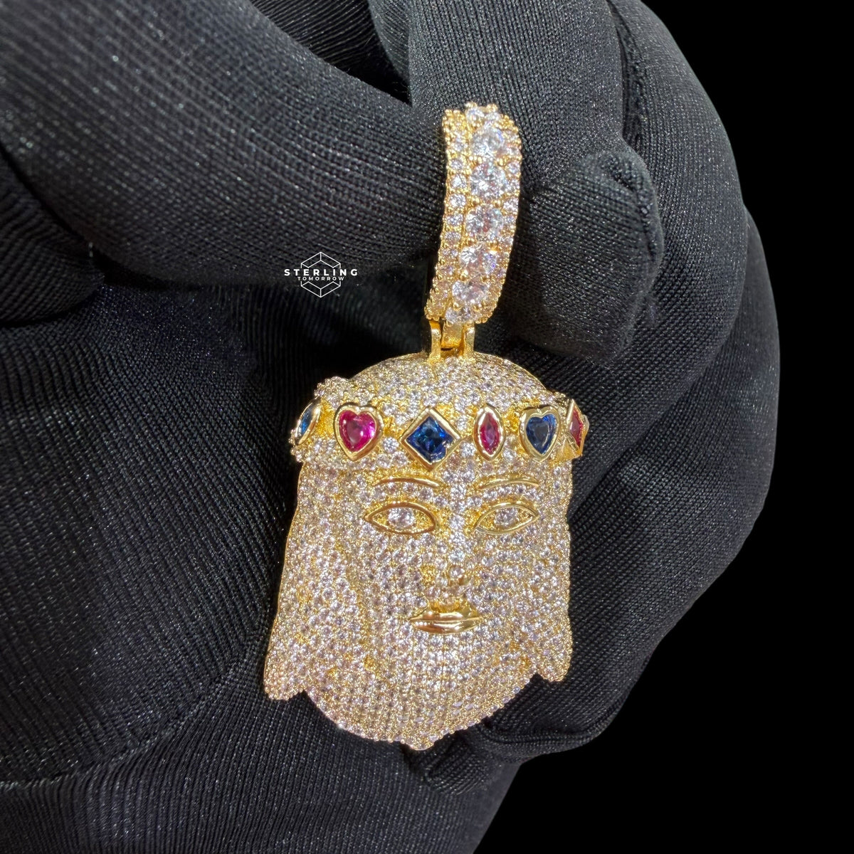 Gold Iced Out Jesus Pendant, Colorful Crown CZ Diamond Jesus Face Necklace
