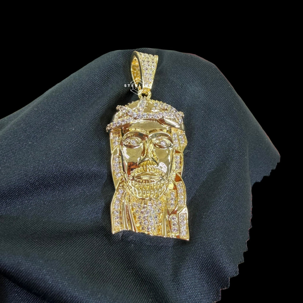Gold Iced Out Jesus Pendant, 14K Gold Plated CZ Diamond Jesus Face Necklace, Mens Christian Hip Hop Jewelry, Religious Pendant