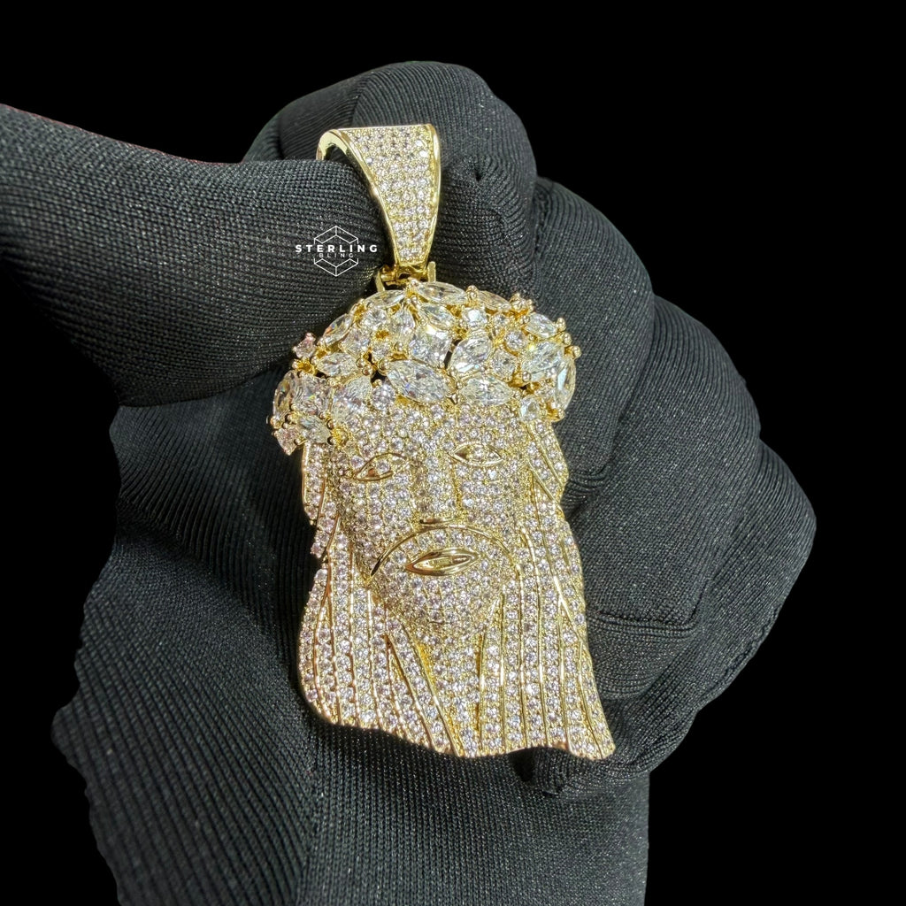 14K Gold Plated Iced Out Jesus Pendant | CZ Diamond Crown of Thorns Jesus Piece | Hip Hop Necklace