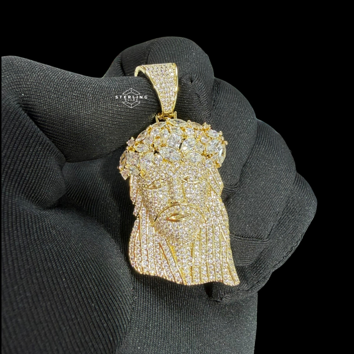 14K Gold Plated Iced Out Jesus Pendant | CZ Diamond Crown of Thorns Jesus Piece | Hip Hop Necklace
