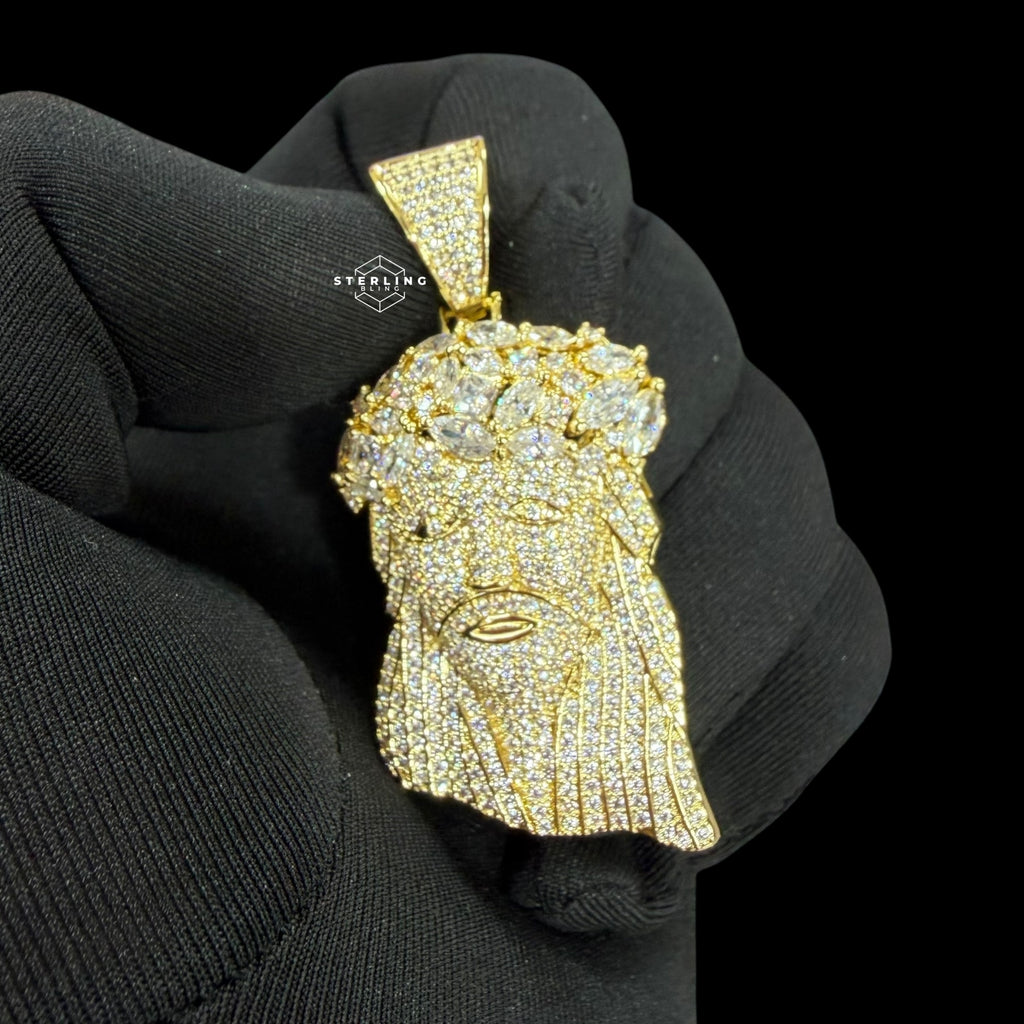14K Gold Plated Iced Out Jesus Pendant | CZ Diamond Crown of Thorns Jesus Piece | Hip Hop Necklace