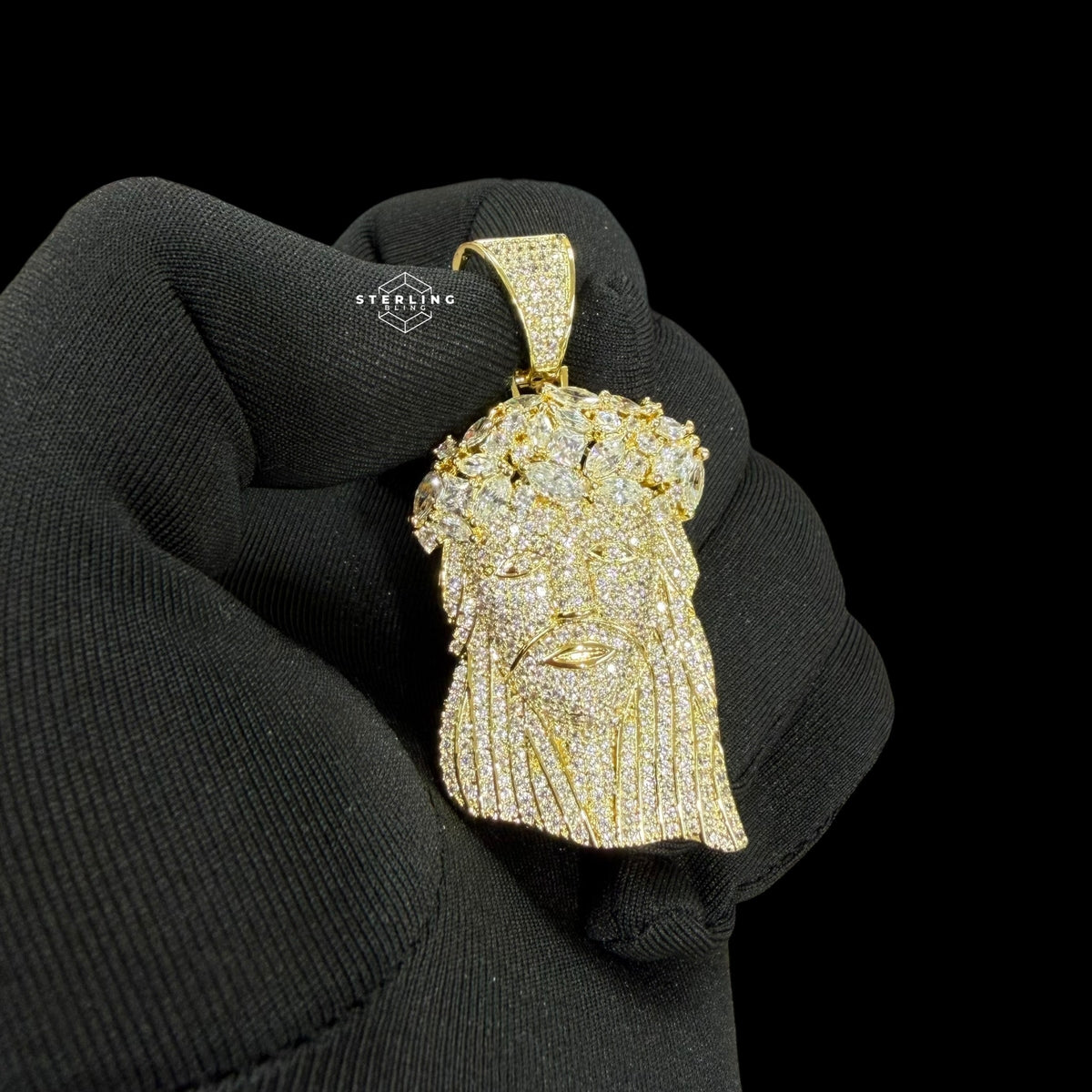 14K Gold Plated Iced Out Jesus Pendant | CZ Diamond Crown of Thorns Jesus Piece | Hip Hop Necklace