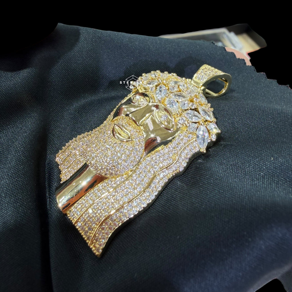 Gold Iced Out Jesus Pendant, 14K Gold Plated CZ Diamond Jesus Face Necklace, Crown of Thorns Christian Hip Hop Jewelry for Men