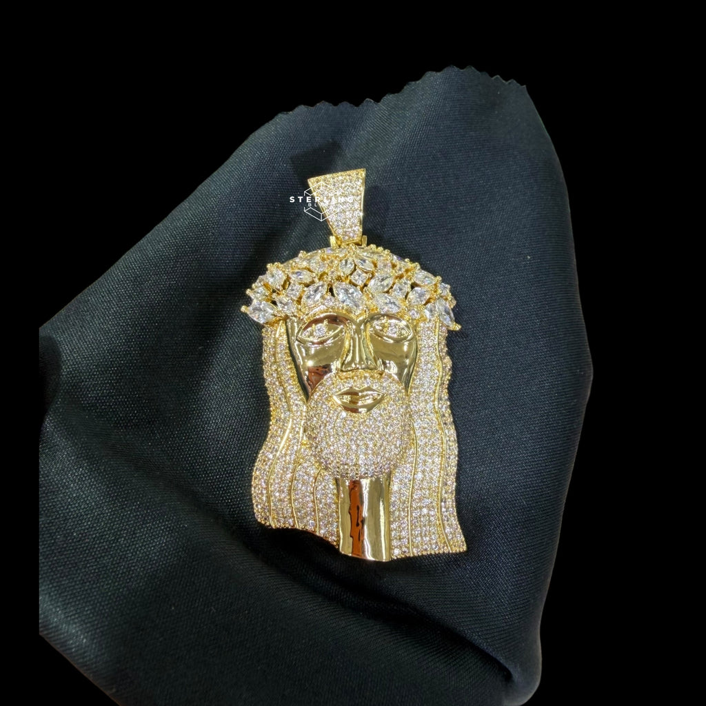 Gold Iced Out Jesus Pendant, 14K Gold Plated CZ Diamond Jesus Face Necklace, Crown of Thorns Christian Hip Hop Jewelry for Men