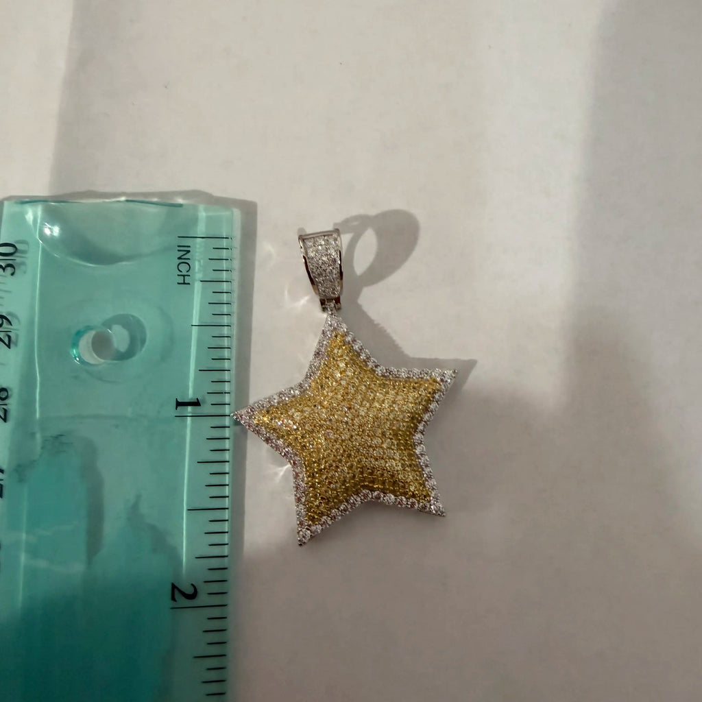 Gold Iced Out Star Pendant, Solid 925 Sterling Silver VVS Simulated CZ Diamond Necklace, Hip Hop Jewelry, 22 Inch Rope Chain