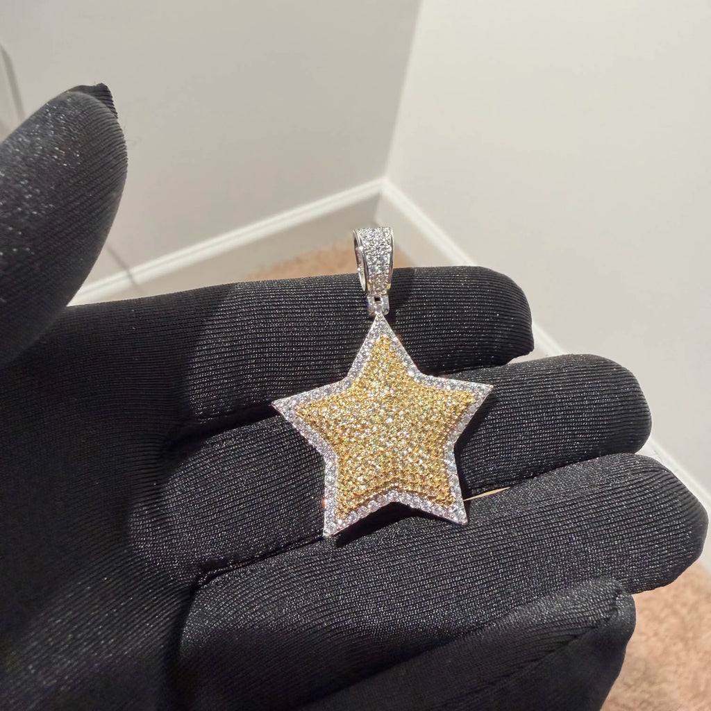 Gold Iced Out Star Pendant, Solid 925 Sterling Silver VVS Simulated CZ Diamond Necklace, Hip Hop Jewelry, 22 Inch Rope Chain