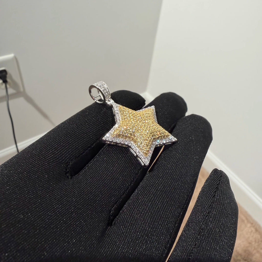 Gold Iced Out Star Pendant, Solid 925 Sterling Silver VVS Simulated CZ Diamond Necklace, Hip Hop Jewelry, 22 Inch Rope Chain