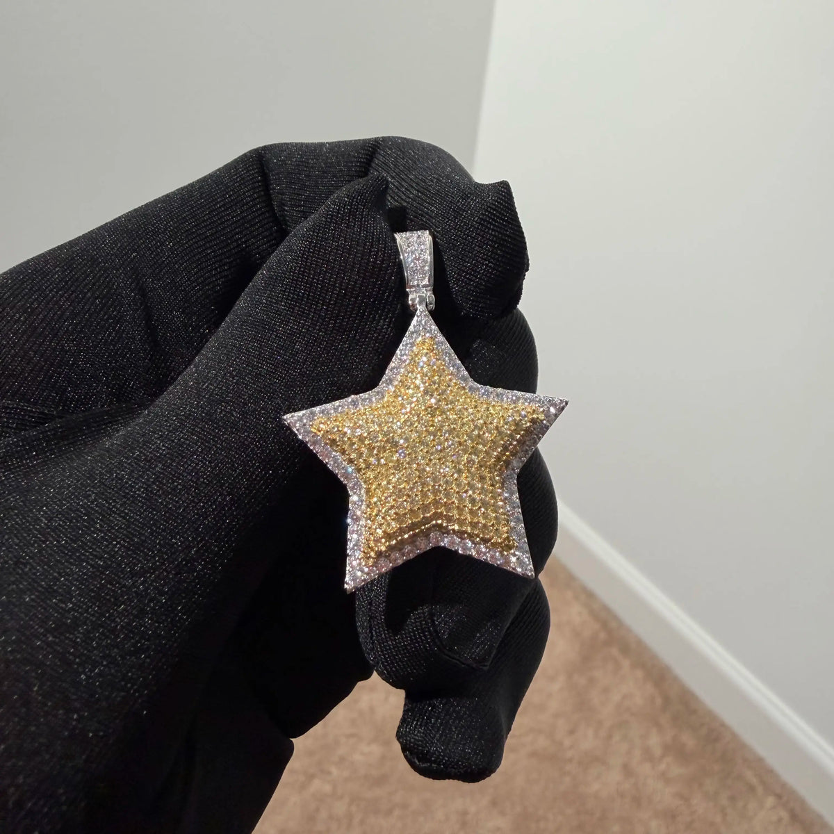 Gold Iced Out Star Pendant, Solid 925 Sterling Silver VVS Simulated CZ Diamond Necklace, Hip Hop Jewelry, 22 Inch Rope Chain