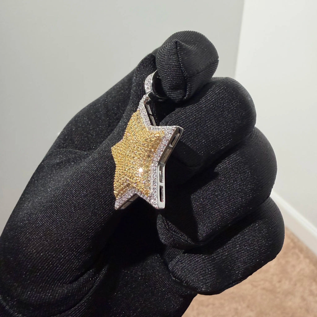 Gold Iced Out Star Pendant, Solid 925 Sterling Silver VVS Simulated CZ Diamond Necklace, Hip Hop Jewelry, 22 Inch Rope Chain