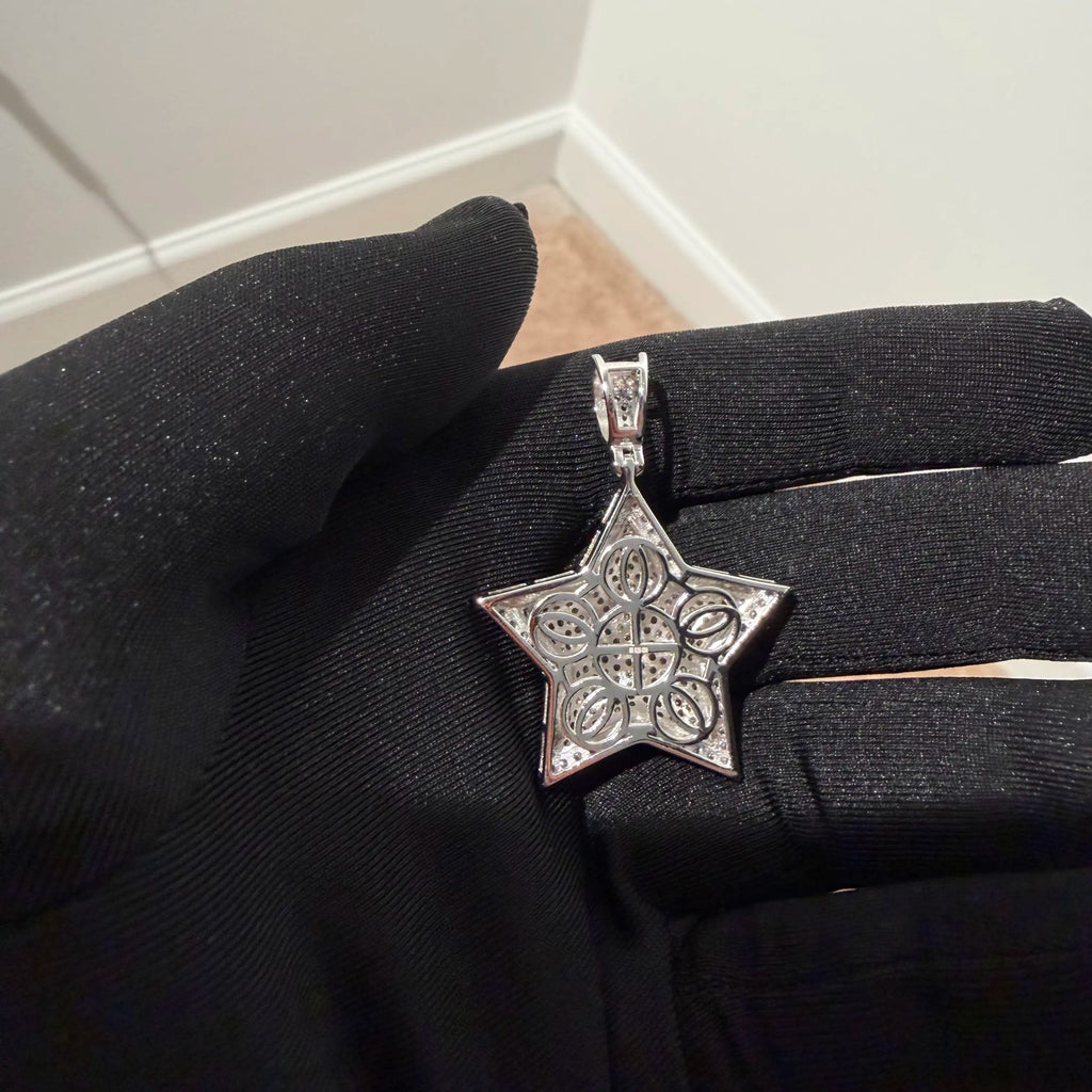Gold Iced Out Star Pendant, Solid 925 Sterling Silver VVS Simulated CZ Diamond Necklace, Hip Hop Jewelry, 22 Inch Rope Chain