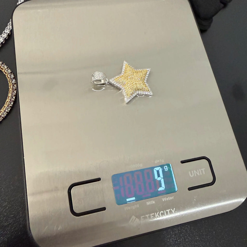 Gold Iced Out Star Pendant, Solid 925 Sterling Silver VVS Simulated CZ Diamond Necklace, Hip Hop Jewelry, 22 Inch Rope Chain