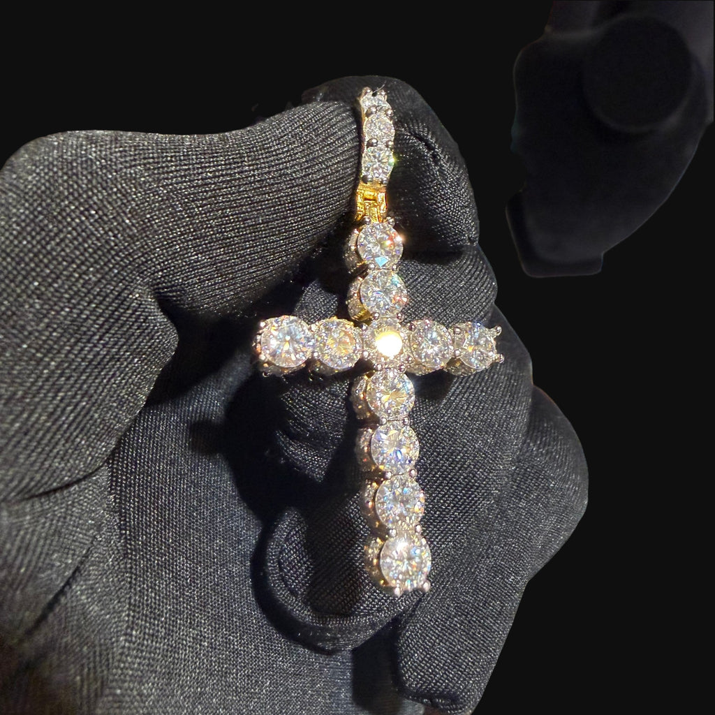 Moissanite Gold Iced Sides Cross Pendant