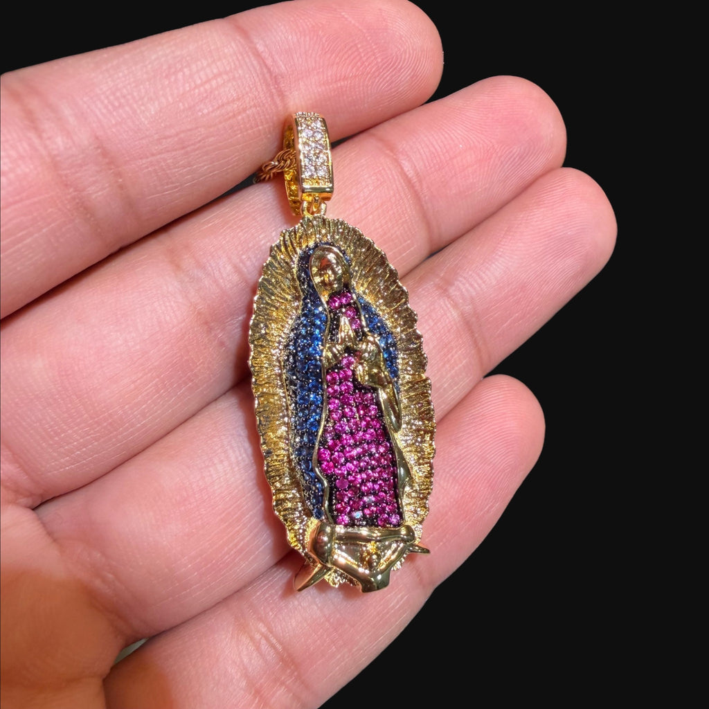 Small Gold Virgin Mary Purple and Blue CZ Pendant