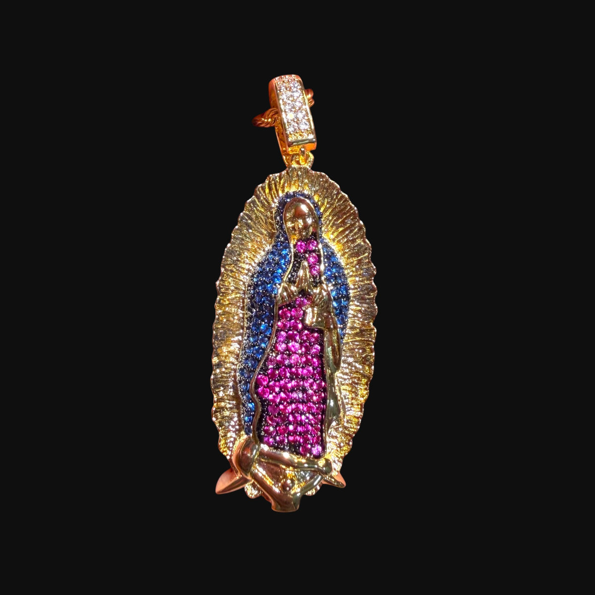 Small Gold Virgin Mary Purple and Blue CZ Pendant