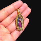 Small Gold Virgin Mary Purple and Blue CZ Pendant