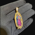 Small Gold Virgin Mary Purple and Blue CZ Pendant