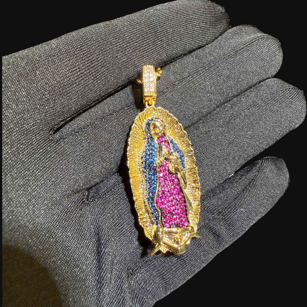 Small Gold Virgin Mary Purple and Blue CZ Pendant