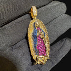 Small Gold Virgin Mary Purple and Blue CZ Pendant