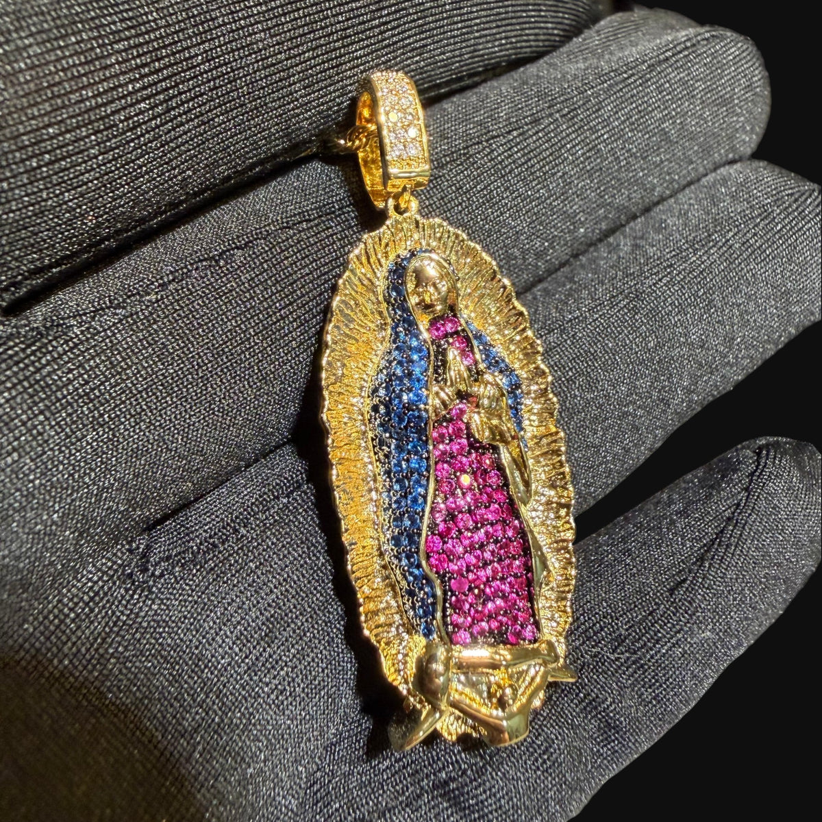 Small Gold Virgin Mary Purple and Blue CZ Pendant