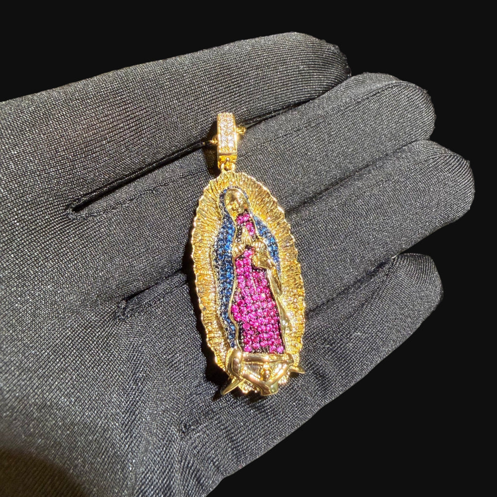 Small Gold Virgin Mary Purple and Blue CZ Pendant