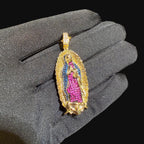 Small Gold Virgin Mary Purple and Blue CZ Pendant