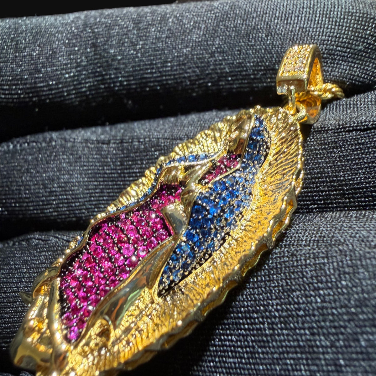 Small Gold Virgin Mary Purple and Blue CZ Pendant