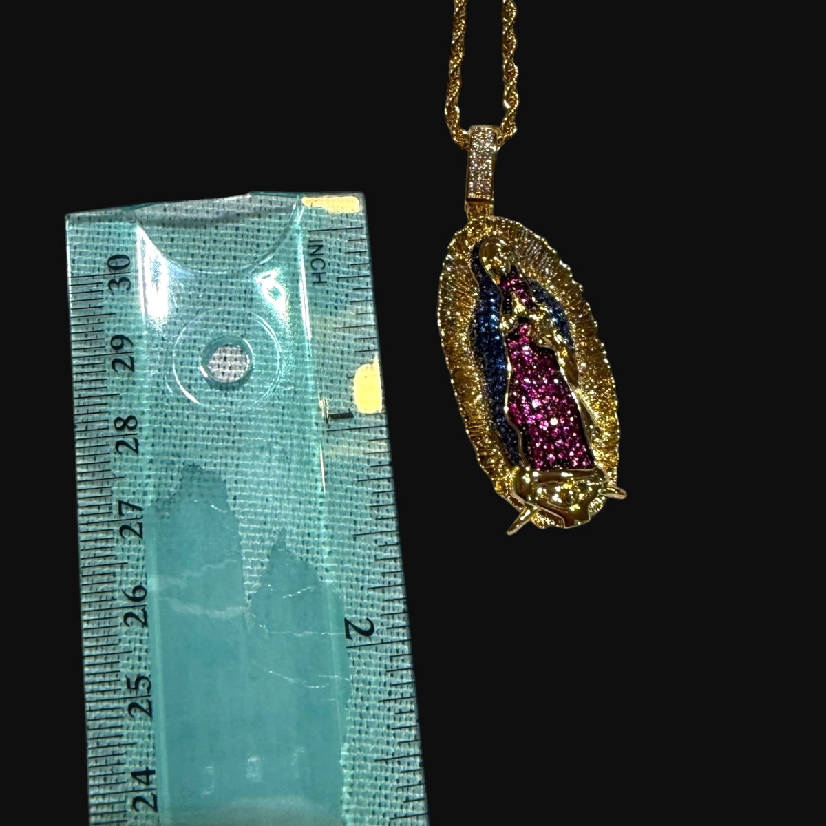 Small Gold Virgin Mary Purple and Blue CZ Pendant