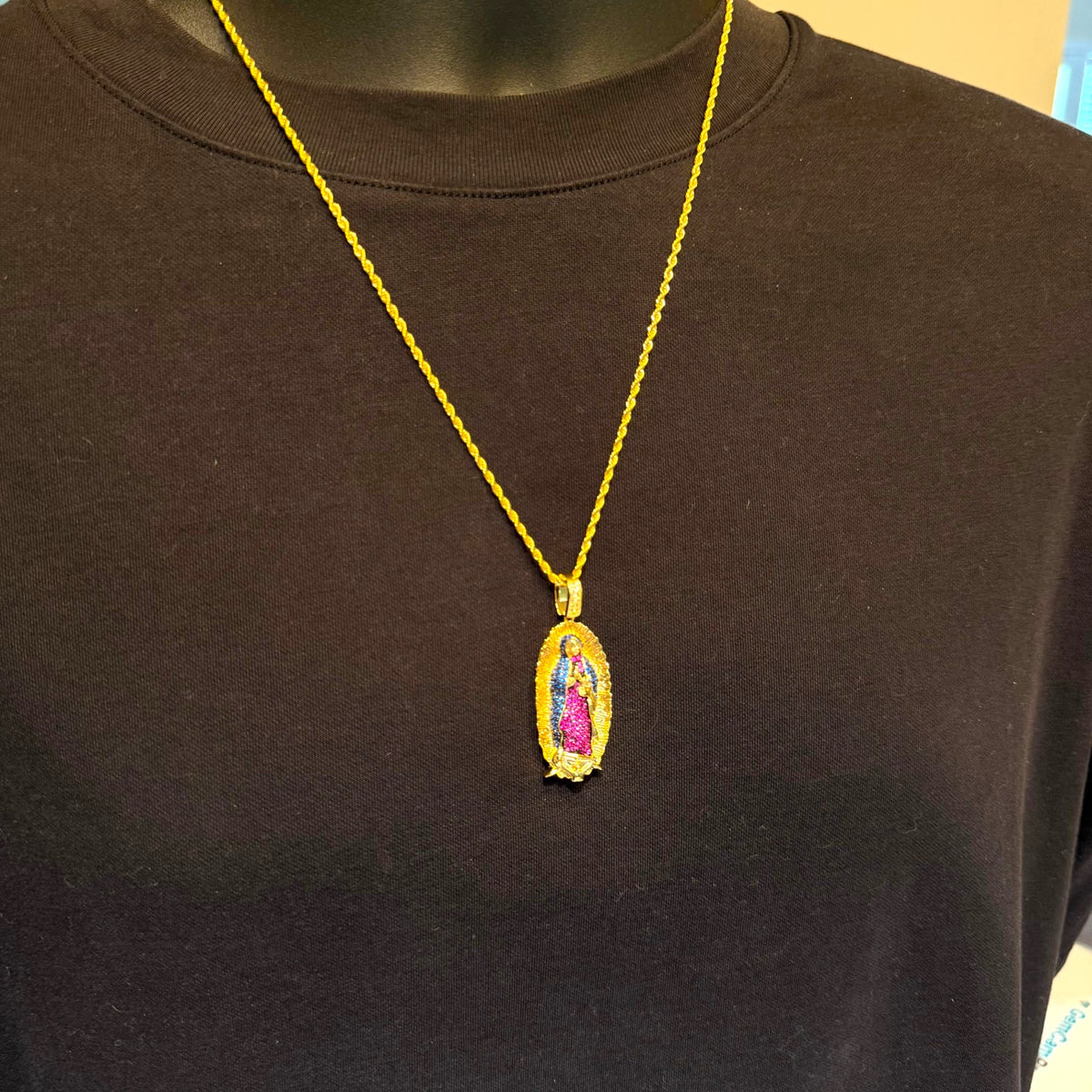 Small Gold Virgin Mary Purple and Blue CZ Pendant
