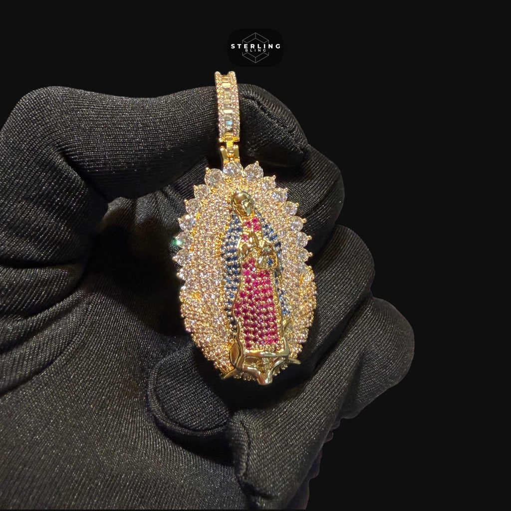 Gold Ruby Blue Iced Out Virgin Mary Pendant
