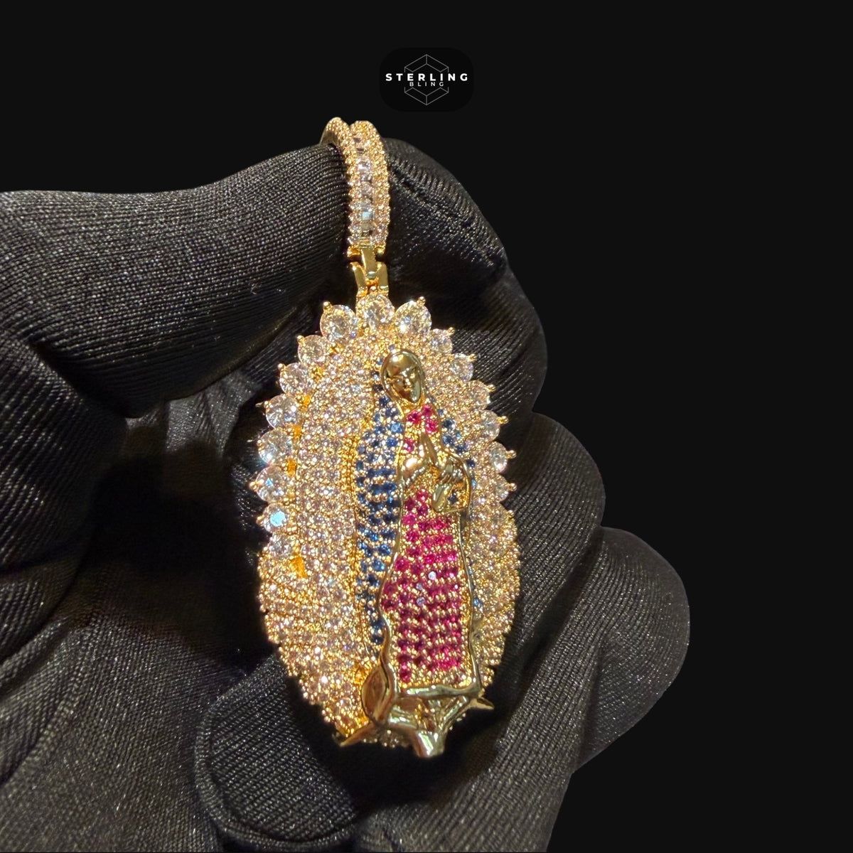 Gold Ruby Blue Iced Out Virgin Mary Pendant