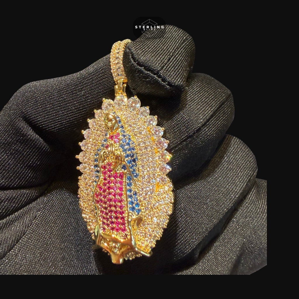 Gold Ruby Blue Iced Out Virgin Mary Pendant
