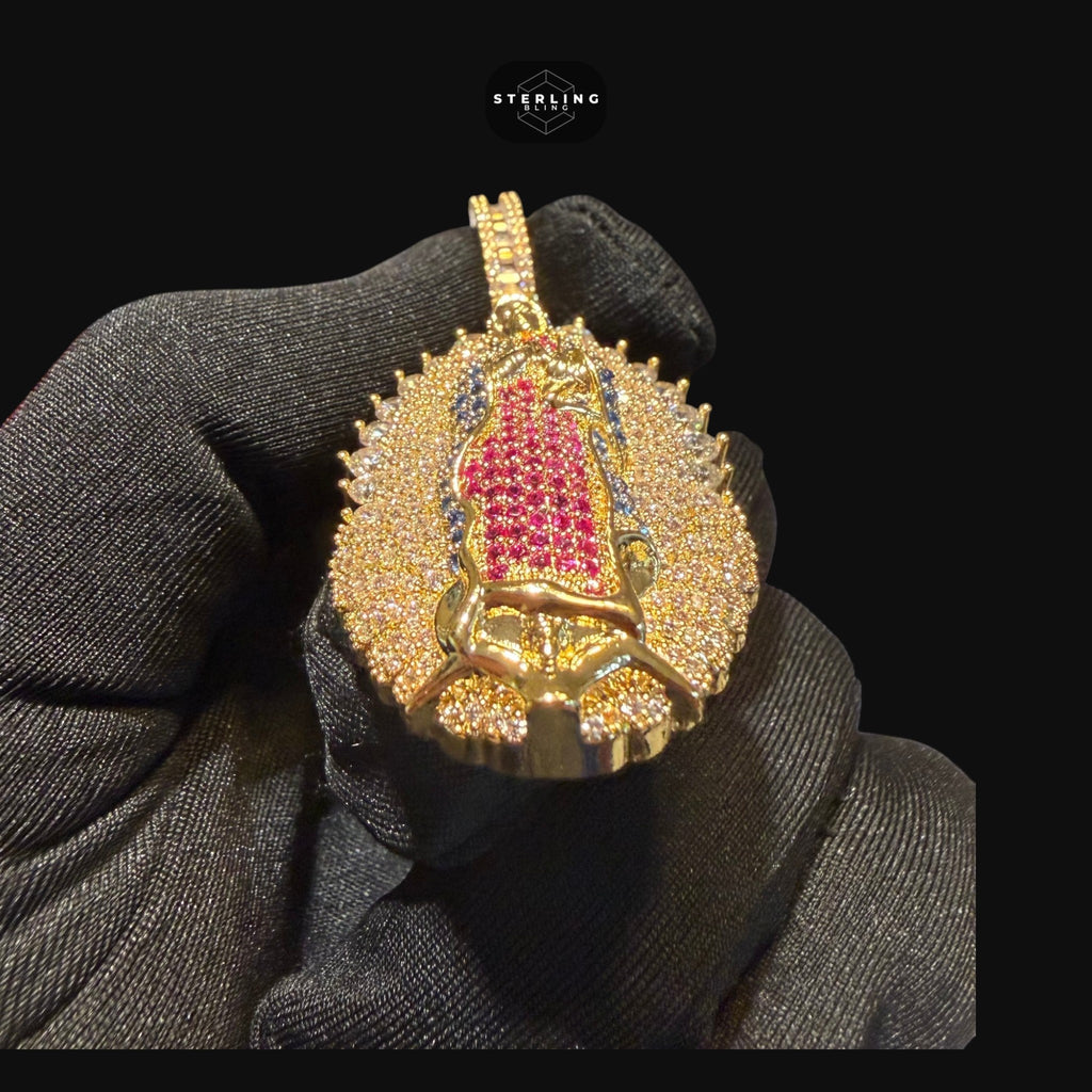 Gold Ruby Blue Iced Out Virgin Mary Pendant