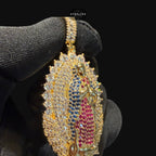 Gold Ruby Blue Iced Out Virgin Mary Pendant