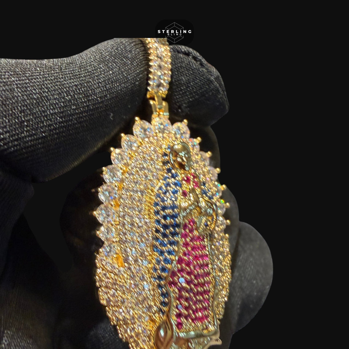 Gold Ruby Blue Iced Out Virgin Mary Pendant