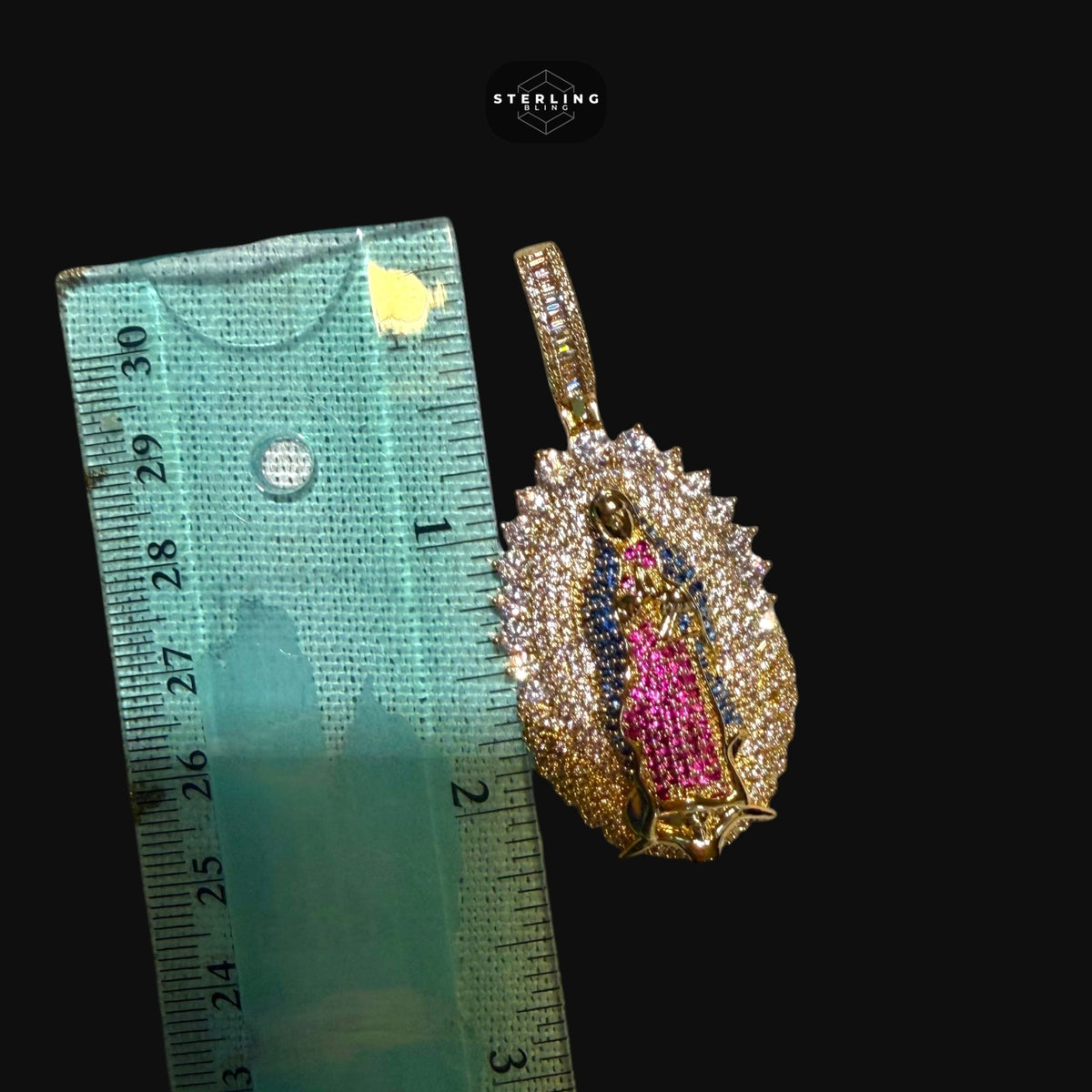 Gold Ruby Blue Iced Out Virgin Mary Pendant