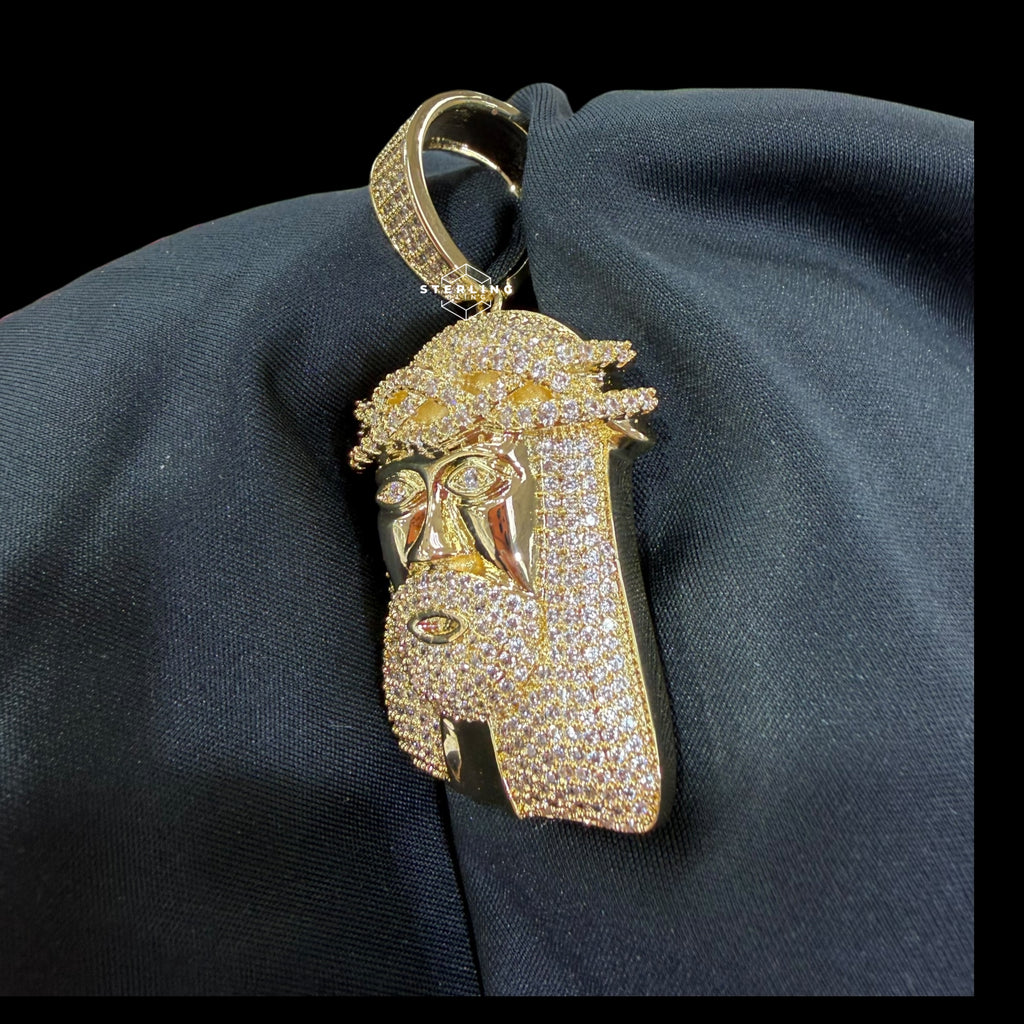 Gold Iced Out Jesus Pendant, 14K Gold Plated CZ Diamond Jesus Face Necklace, Crown of Thorns Christian Hip Hop Jewelry for Men