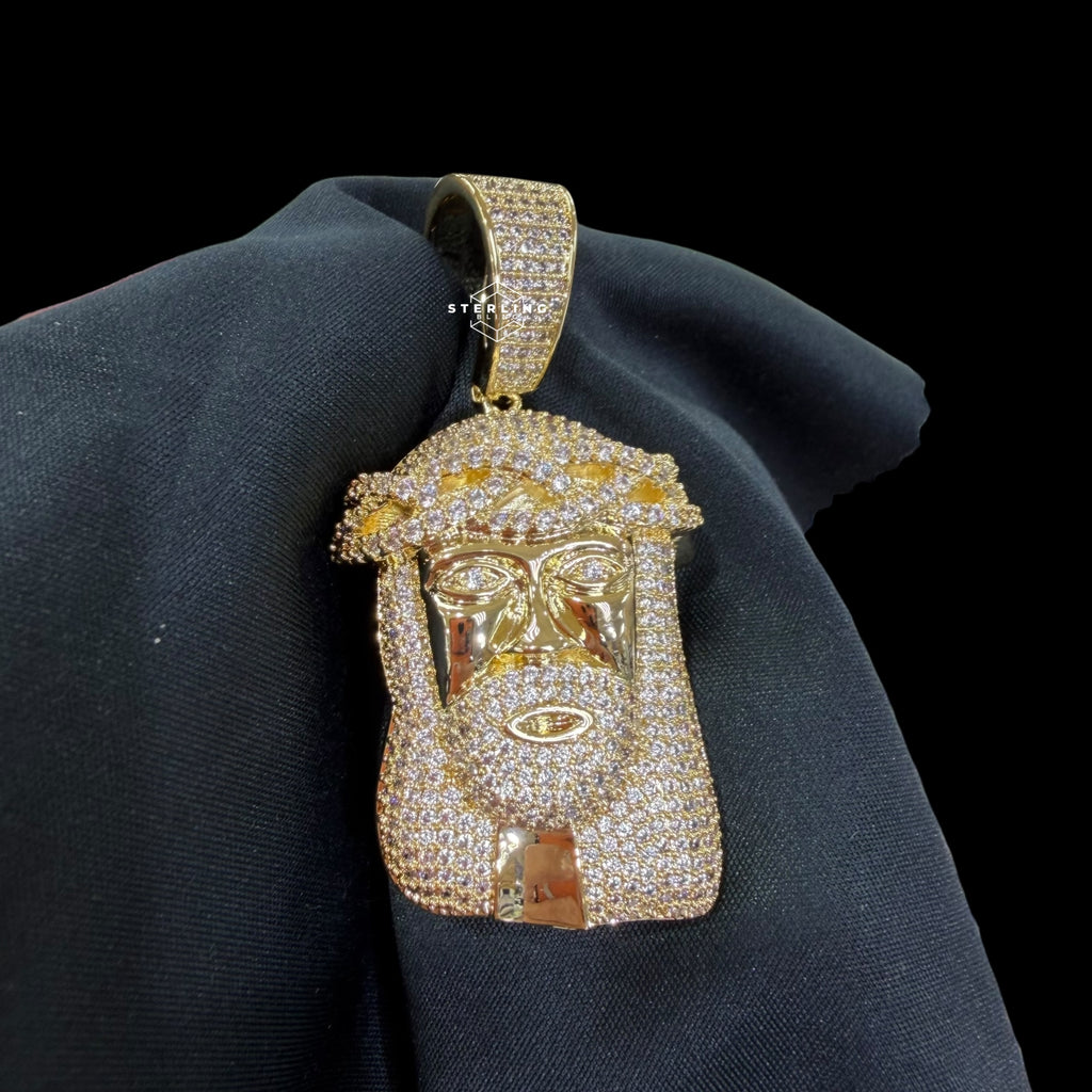 Gold Iced Out Jesus Pendant, 14K Gold Plated CZ Diamond Jesus Face Necklace, Crown of Thorns Christian Hip Hop Jewelry for Men
