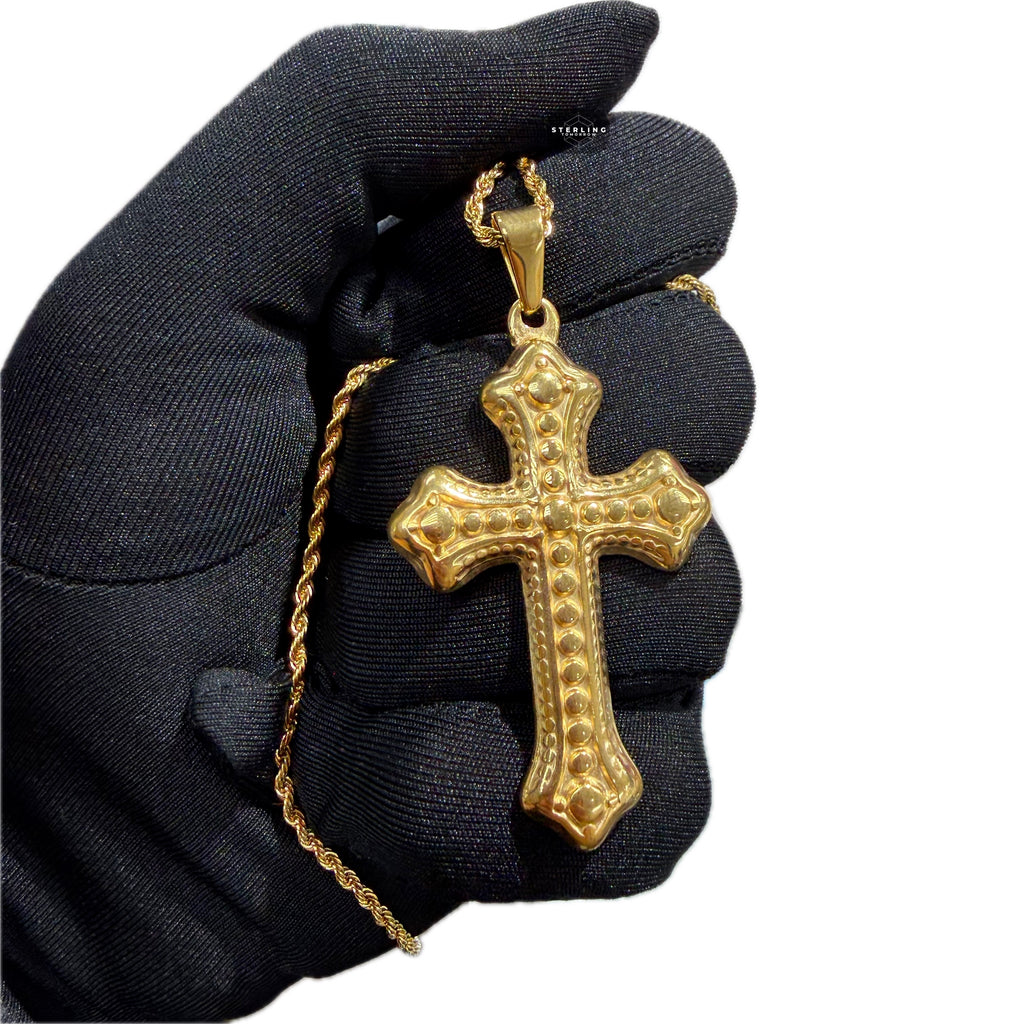 Gold Nugget Cross Pendant Necklace, Stainless Steel Necklace for Men, Religious Christian Pendant, 14K Gold Bonded Waterproof Necklace, Gift for Him