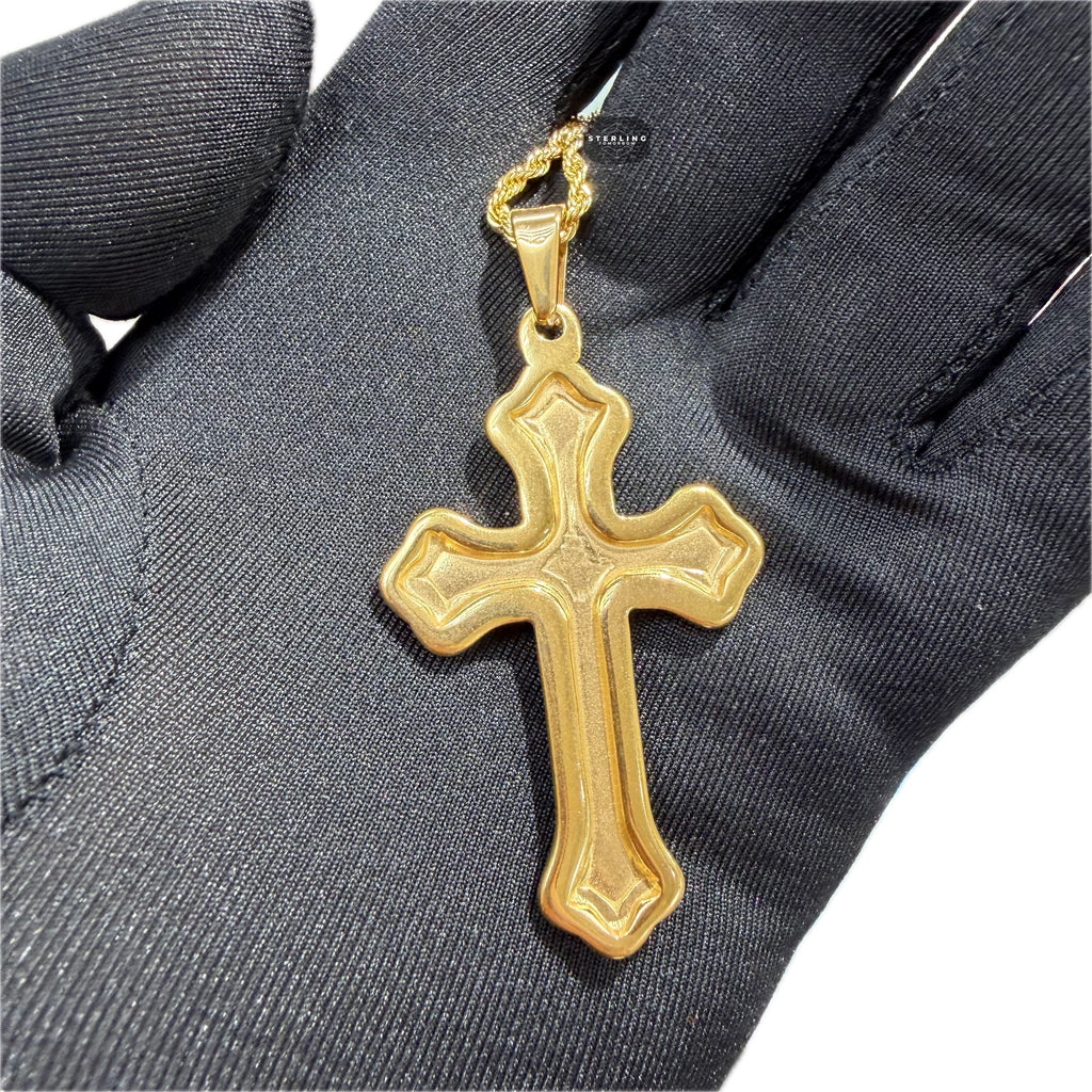 Gold Nugget Cross Pendant Necklace, Stainless Steel Necklace for Men, Religious Christian Pendant, 14K Gold Bonded Waterproof Necklace, Gift for Him