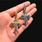 Multicolor Iced Out Cross Pendant - 14k Gold Plated