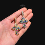 Multicolor Iced Out Cross Pendant - 14k Gold Plated