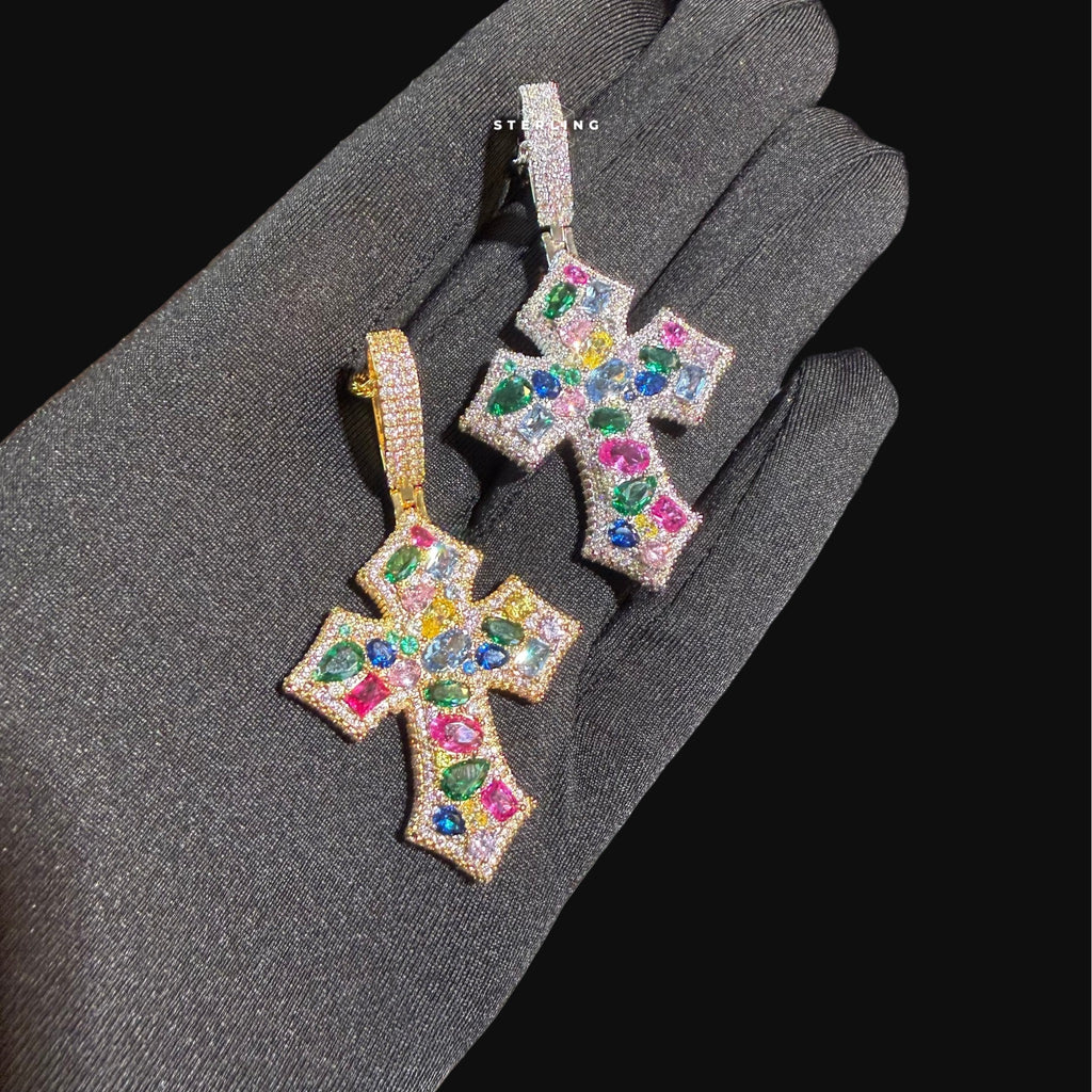 Multicolor Iced Out Cross Pendant - 14k Gold Plated