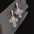 Multicolor Iced Out Cross Pendant - 14k Gold Plated
