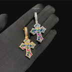 Multicolor Iced Out Cross Pendant - 14k Gold Plated