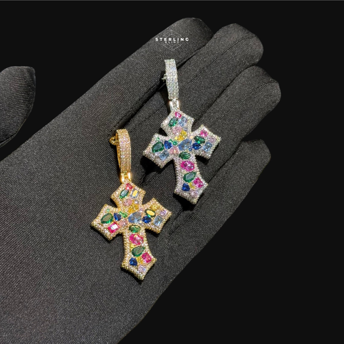 Multicolor Iced Out Cross Pendant - 14k Gold Plated
