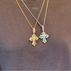 Multicolor Iced Out Cross Pendant - 14k Gold Plated