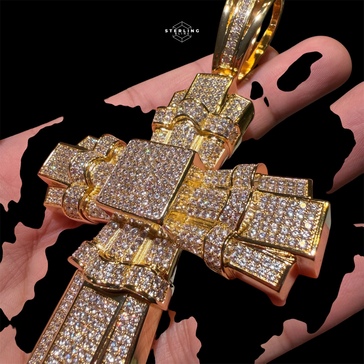 X Large Gold Cross Iced Out Detail Pendant