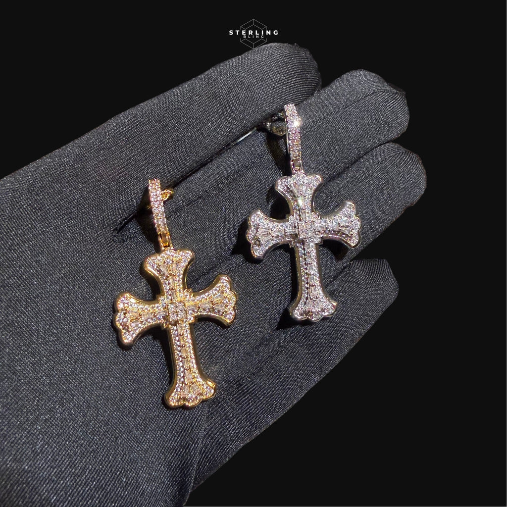 Iced Out Gothic Flared Cross Pendant 14k Gold Plated CZ